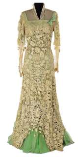 Green satin and ivory crocheted lace period dress from an unidentified production. | Profiles in History