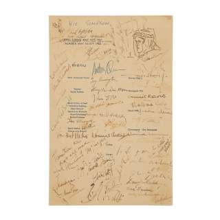 LAWRENCE OF ARABIA (1962) - Lot #261 : David Lean, Peter O‘Toole, Omar Sharif, and Key Cast and Crew-autographed One-Year Anniversary Menu
