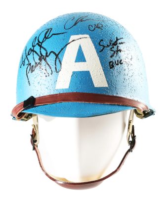 Chris Evans as Steve Rogers / Captain America, Hayley Atwell as Peggy Carter, & Sebastian Stan as Bucky Barnes in Captain America: The First Avenger Signed Prop Replica Helmet | SWAU