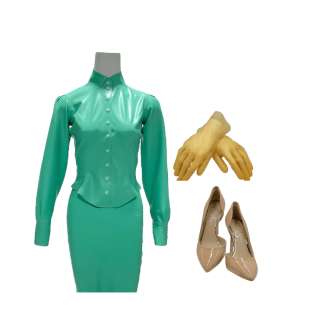 Landscape with Invisible Hand Secretary’s Whitney Goin Snap Front Long Sleeve Shirt, Pencil Skirt, Gloves & Pointed Toe High Heel Shoes | VIP Fan Auctions