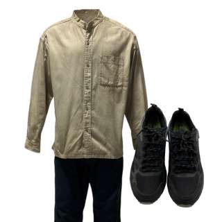 Lot #92: Beau is Afraid Beau Wassermann Joaquin Phoenix Screen Worn Button-Up Shirt, Pants, Wig & Sneakers Ch 7 Sc 92