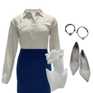 The Belko Experiment (2016) Leandra Florez Adria Arjona Screen Worn Button-Up Shirt, Skirt, High Heels, Ear Cuff & Bracelet Set | VIP Fan Auctions