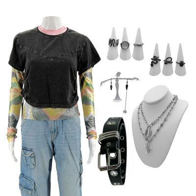 Lot 64: Mercy Britt Raven Screen Worn Photo Still Shirt, T-Shirt, Pants, Belt, Necklace W/ Cross, Necklace W/ Lock, Earrings & (6) Rings Ch 7 | VIP Fan Auctions