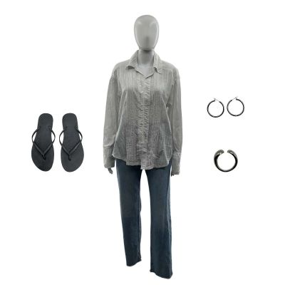 Lot 46: Crime 101 Maya Screen Worn Shirt, Jeans, Flip Flops, Earrings & Ring Ch 1 Sc 72 | VIP Fan Auctions