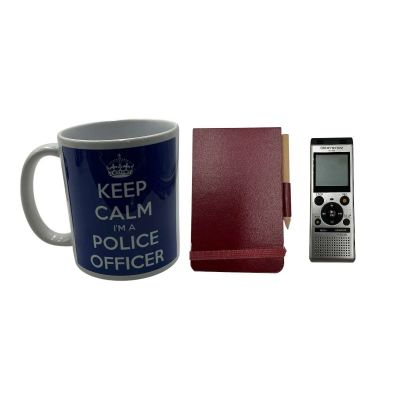 Lot 117: The Sheep Detectives Officer Tim Derry Screen Used Police Coffee Mug, Dictaphone & Notepad W/ Pencil | VIP Fan Auctions