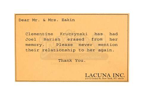 Eternal Sunshine Of The Spotless Mind - Lot 62 - Clementine‘s (Kate Winslet) Mind Erase Notice Card