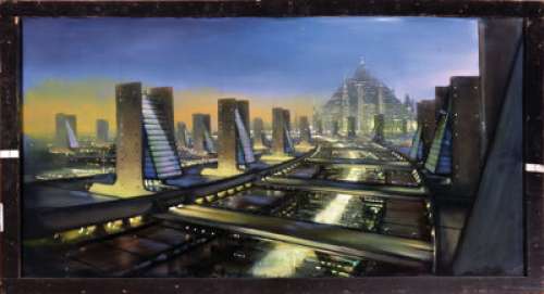 The Twilight Zone Futuristic City and Dennis the Menace Night View of Town Matte Paintings (Various, 1985-1993).