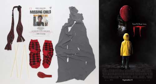 Stephen King‘s IT: Chapters 1 & 2 LOT - Children’s Clothing Eaten by the Creature Pennywise, Production Balloon, Distressed Missing Child Poster, & Chopsticks Movie Prop - 2017