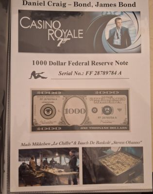 James Bond 007: Casino Royale - Movie Prop - Original 1000 Dollar Federal Reserve Note and 3 Photos - Movie Prop | Catawiki