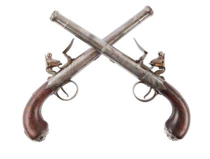 Lot 11 - Pirates Of The Caribbean - On Stranger Tides | Screen-Matched and Photo-Matched Johnny Depp "Jack Sparrow" Hero 18th Century Dueling Flintlock Pistols (With DVD and Posters)