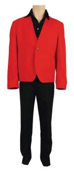 Lot 2 - Elvis Presley "Viva Las Vegas" Film Promotion Worn Custom Made Red Bolero Jacket, Black Pants and Black Silk Shirt