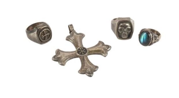 THE PHANTOM (1996) - Lot #991 : Production-Made Kit Walker/Phantom (Billy Zane) Skull Ring and Good Mark Ring with Cross Pendant and Gem Ring