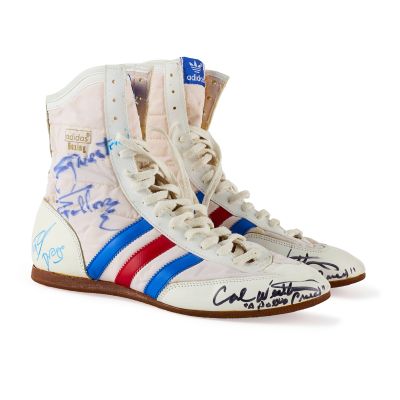 Multi-Signed Rocky IV Adidas Boxing Shoes (3 Signatures) - Featuring Sylvester Stallone, Carl Weathers, Dolph Lundgren - Digital Grad Authentication LOA | Goldin