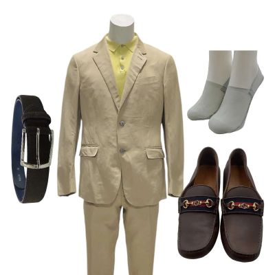 Blink Twice Rich Screen Worn Casual Suit, Short Sleeve Polo Shirt, Belt, Shoes & Socks Ch 2,3 Sc 61,123 | VIP Fan Auctions
