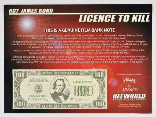 James Bond - (Licence To Kill 1989), film props comprising ; a genuine film used bank note as used… | Ewbank’s