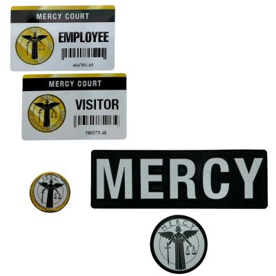Lot 128: Mercy Mercy Production Used Visitor Card, Employee Card, Big Mercy Patch, Pin & Circle Mercy Patch | VIP Fan Auctions