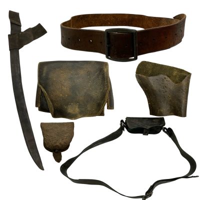 Lot 54: The Bluff Buccaneers Production Used Powder Pouch, Holster, Belt, Large Pouch, Sword Sheath, Straps & Shoulder Bag | VIP Fan Auctions