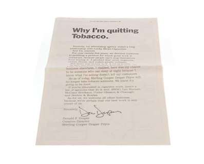 Mad Men | Don’s "Why I’m Quitting Tobacco" Newspaper Ad | ScreenBid
