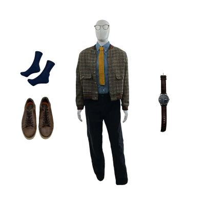 Lot 51: The Sheep Detectives Elliot Mathews Screen Worn Trainers, Socks, Watch, Tie, Glasses, Jacket, Button-Up Shirt & Chinos Ch 5 Sc 114pt1-114qpt2 | VIP Fan Auctions