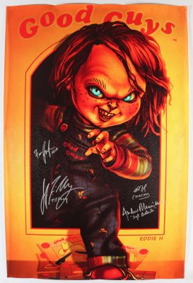 Child’s Play 22x34 Canvas Cast Signed by Brad Dourif, Jennifer Tilly, Fiona Dourif, & Andre Robinson with Character Names | SWAU
