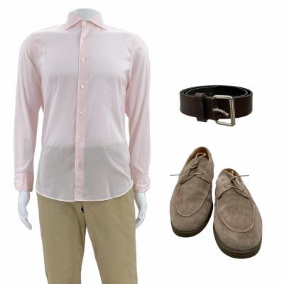 Lot 13: The Love Hypothesis Tom (Arty Froushan) Screen Worn Button-Up Shirt, Pants, Belt & Shoes Ch 2 Sc 40 | VIP Fan Auctions