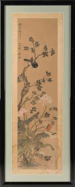 The Crown | After Zou Yigui A set of four Chinese watercoloursFirst seen in Season 5, in the Diana Kensington Palace Apartments set In the manner of Zou Yigui’s hanging scroll works, depicting birds on blossoming branches ( (4)) | Bonhams