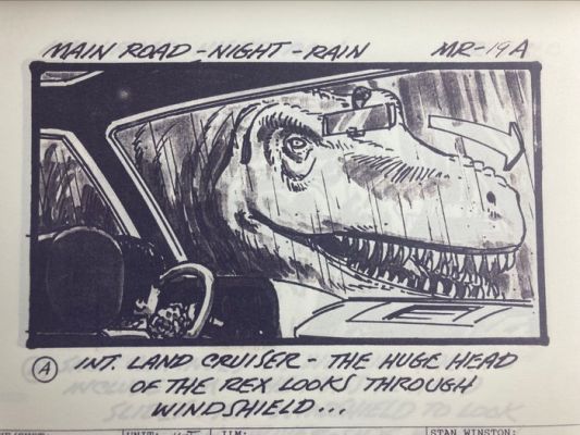 Jurassic Park - 120 Storyboards - T-Rex attacks Land Cruiser scene - Universal Pictures | Catawiki