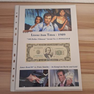 James Bond 007: Licence to Kill - Movie Prop - Original 100 Dollar Note and 2 Photos - Movie Prop - with COA | Catawiki
