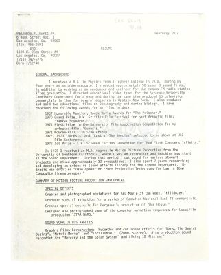 UNKNOWN PRODUCTION - Ben Burtt Resume (February 1977)