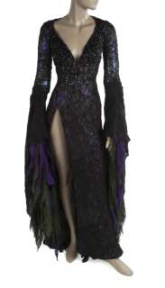 ELVIRA STAGE-WORN J & M COSTUMERS BLACK BEADED GOWN WITH GREEN AND PURPLE DETAILING FROM KNOTT’S SHOW "ELVIRA’S SPOOK SHOW SPECTACULAR." | Julien’s