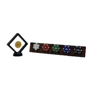Lot #45 – Ozark Production Used Poker Chip Display Board & Clear Display, $5 Poker Chip, $25 Poker Chip, $50 Poker Chip, $100 Poker Chip, $1000 Poker Chip & $1 Poker Chip