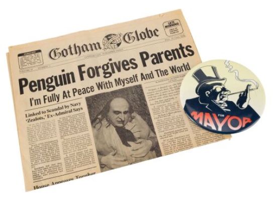 BATMAN RETURNS (1992) - Lot #510 : Oswald Cobblepot (Danny DeVito) Campaign Button with "Penguin Forgives Parents" Gotham Globe Newspaper