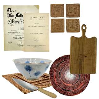 Lot #15: Men Harper Jessie Buckley Screen Used Cutting Board, Bowl, Placemat Set, Coasters, Sharp Knives & Piano Sheet Music Sc Multiple
