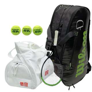 Lot #146: Challengers Art Screen Used Racket Bag, Duffle Bag, Racket & Tennis Balls