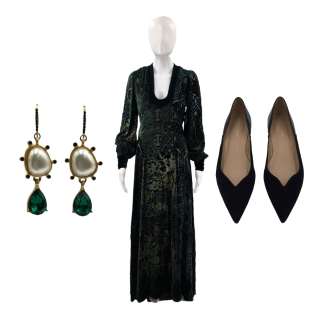 Lot #57: Saltburn Elspeth Catton (Rosamund Pike) Screen Worn Floor Length Dress, Flats & Earrings Ch 11 Sc 130pt2-176pt1