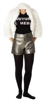Lot 424 - "Sugar" faux fur coat and silver hot pants ensemble.