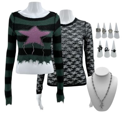 Lot 14: Mercy Britt Raven Screen Worn Sweater, Long Sleeve Lace, Belt, (7) Rings & Necklace Ch 1 Sc Multiple | VIP Fan Auctions