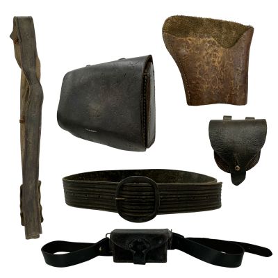 Lot 89: The Bluff Buccaneers Production Used Powder Pouch, Holster, Belt, Over The Shoulder Bag, Large Pouch & Sword Sheath & Strap | VIP Fan Auctions