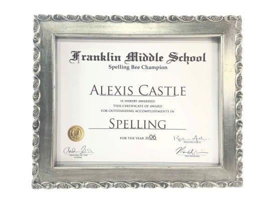 Lot 57 - Castle (2009–2016) - Alexis Castle Spelling Bee Champion Award