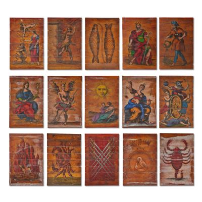 Lot 12 - A collection of fifteen painted panels for Geillis’s Still Room set First seen Season 1, Episode 3, ’The Way Out’ (15) | Bonhams