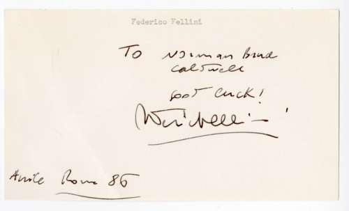 La Strada - Federico Fellini - handwritten card (dated April 1986 in Rome) to Norman Brad Caldwell. | Catawiki