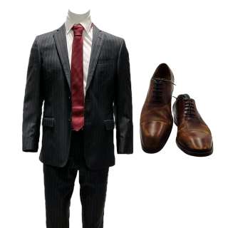 Lot 77 - Landscape with Invisible Hand Mr. Campbell‘s William Jackson Harper Pin Stripe Blazer, Long Sleeve Button Front Shirt, Zip Front Pants , Textured Tie, Belt & Cap Toe Dress Shoes