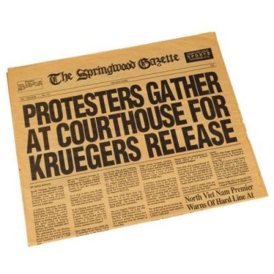 Nightmare on Elm Street, a (1984) | Lot 435 : Production-Made "Kruegers Release" The Springwood Gazette Newspaper Cover | Propstore