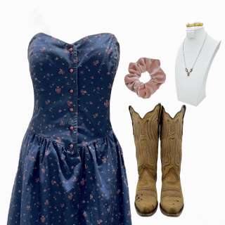 Lot #42: The Iron Claw Pam Lily James Screen Worn Strapless Dress, Scrunchy, Necklace, Bracelet & Boots Ch 4, 4a Sc 55,57- 58