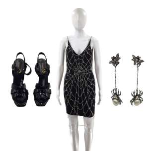 Lot #175: Saltburn Venetia Catton (Alison Oliver) Screen Worn Slip, Cobweb Dress, Heels & Earrings Ch 12 Sc 111-120
