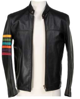 Dirk Gently‘s Holistic Detective Agency - Lot 81 - Samuel Barnett ‘Dirk Gently‘ black leather jacket with rainbow sleeve detail from Dirk Gently‘s...