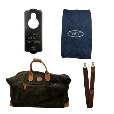 Lot 235: Play Dirty Parker Screen Used Duffel Bag W/Shoulder Strap & Hotel Do Not Disturb Door Hanger | VIP Fan Auctions