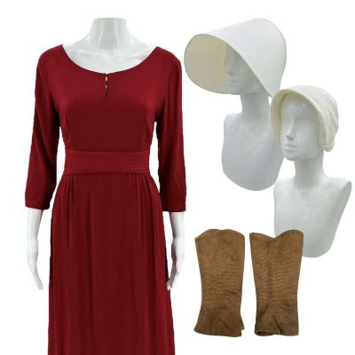 Lot 75: The Handmaid’s Tale June Osborne Screen Worn Dress, Belt, (2) Bonnets & Spatts Ss 2 | VIP Fan Auctions