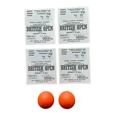 Lot 10: Marty Supreme Production Used (2) British Open Wembley Tickets Row 9 Seat 13 Set, (2) British Open Wembley Tickets Row 26 Seat 3 Set & (2) Marty Supreme Ping Pong Balls | VIP Fan Auctions