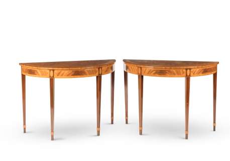 The Crown | A pair of George III-style mahogany, tulipwood and satinwood banded demi-lune side tablesFirst seen in Season 5, in the Diana Kensington Palace Apartments set (2) | Bonhams